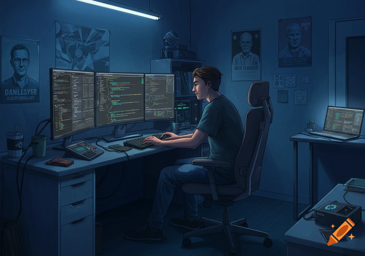 An illustration of a young man coding at a desk with three monitors in a dimly lit room, with posters on the wall.