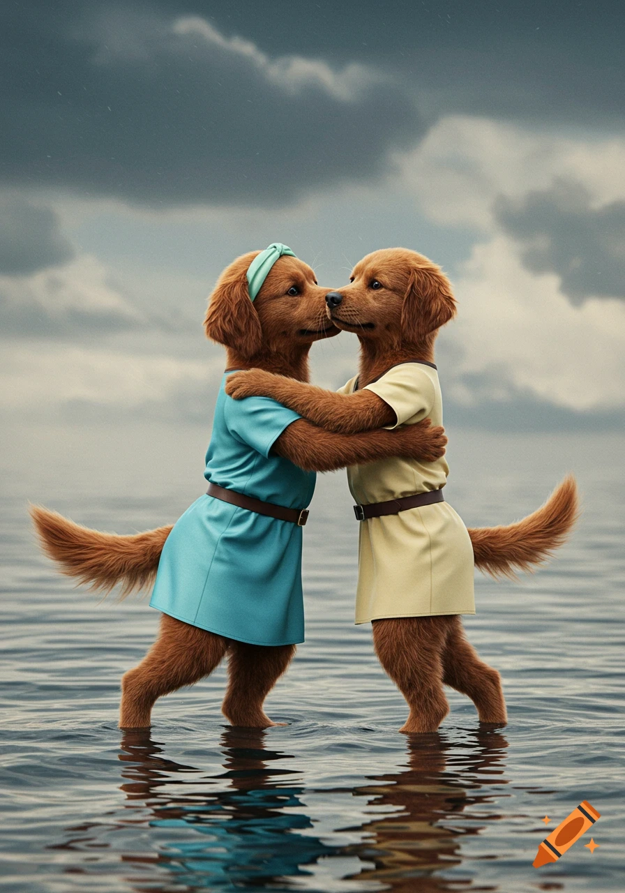 Two anthropomorphic golden retriever puppies in dresses hug and touch noses in water under a cloudy sky.