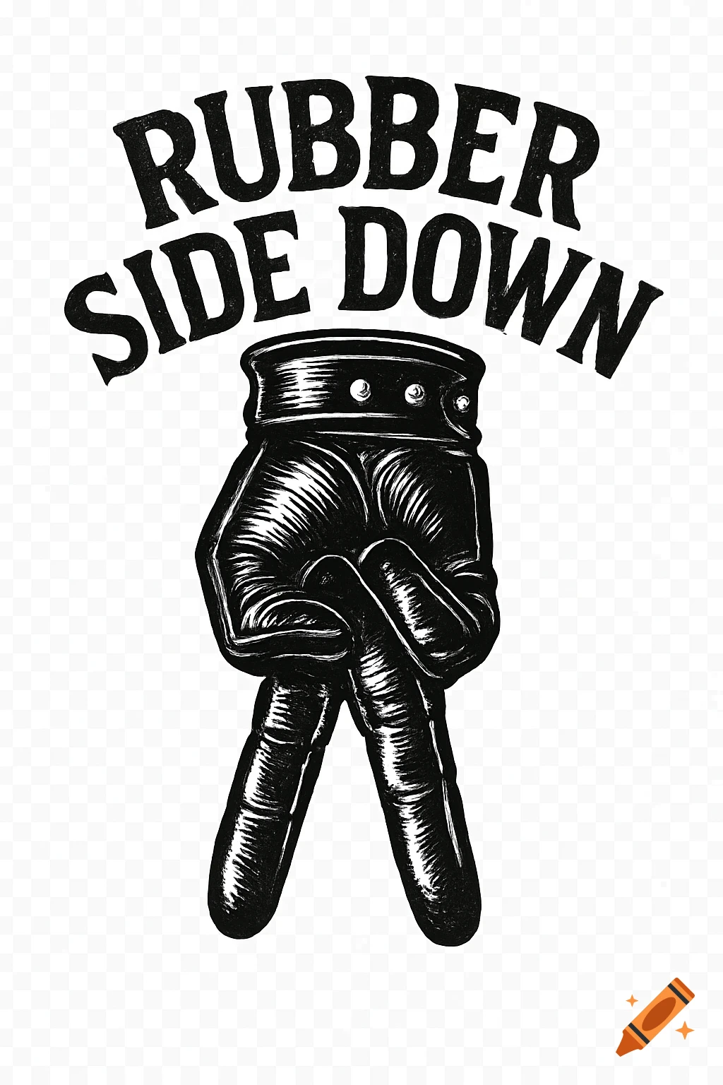 A black and white illustration of a gloved hand making an inverted peace sign, with 'RUBBER SIDE DOWN' text.