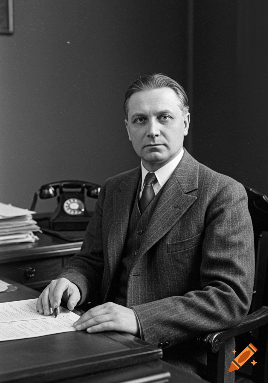 A serious man in a pinstripe suit and tie sits at a desk with papers and a rotary phone, looking at the camera in a black and white vintage portrait.