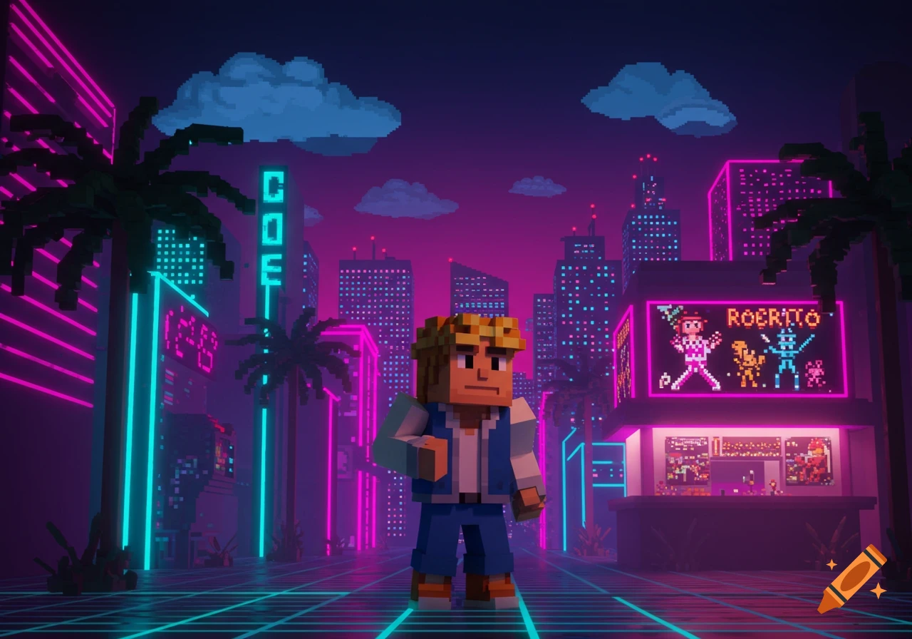 A pixel art image of a blocky character standing on a neon grid in a retro-futuristic city with towering buildings and palm trees lit by pink and blue neon lights.
