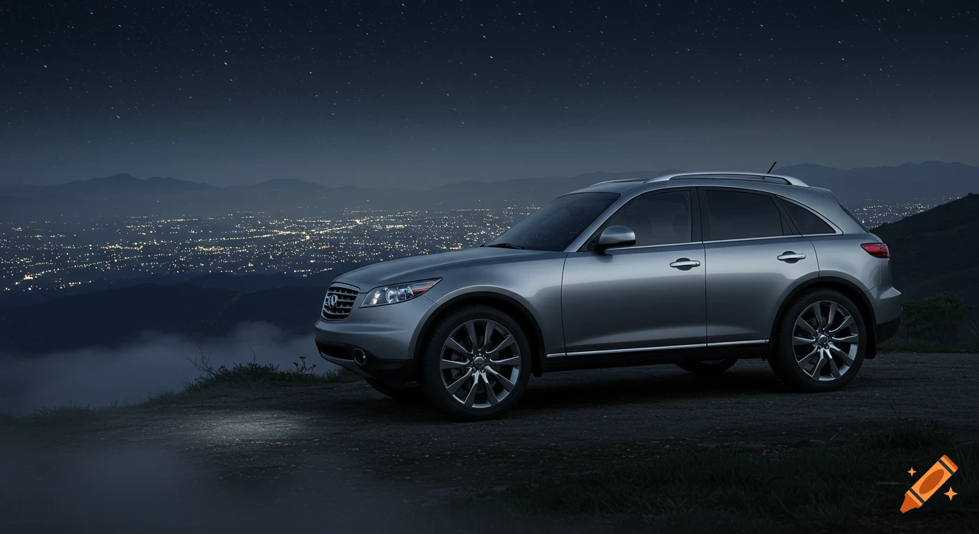 A silver Infiniti FX35 SUV parked on a mountain overlooking a city skyline at night with stars in the sky.