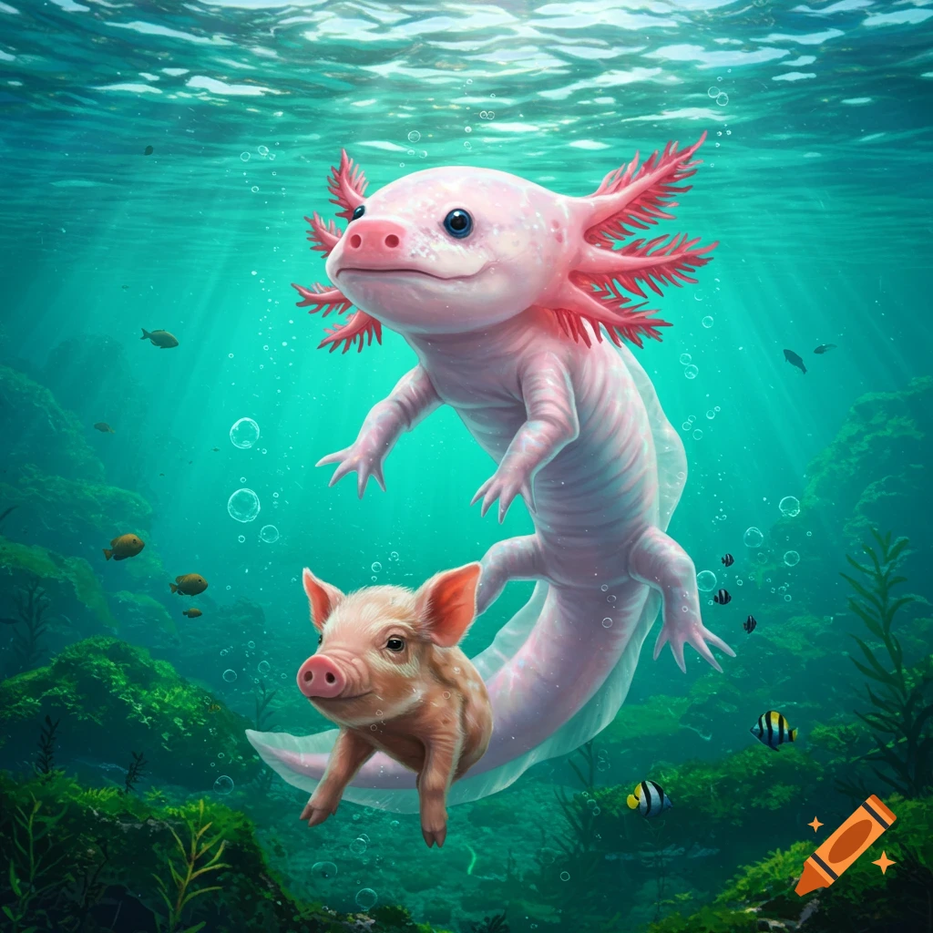 A cute pink axolotl and pig hybrid creature swims gracefully underwater amidst fish and coral.