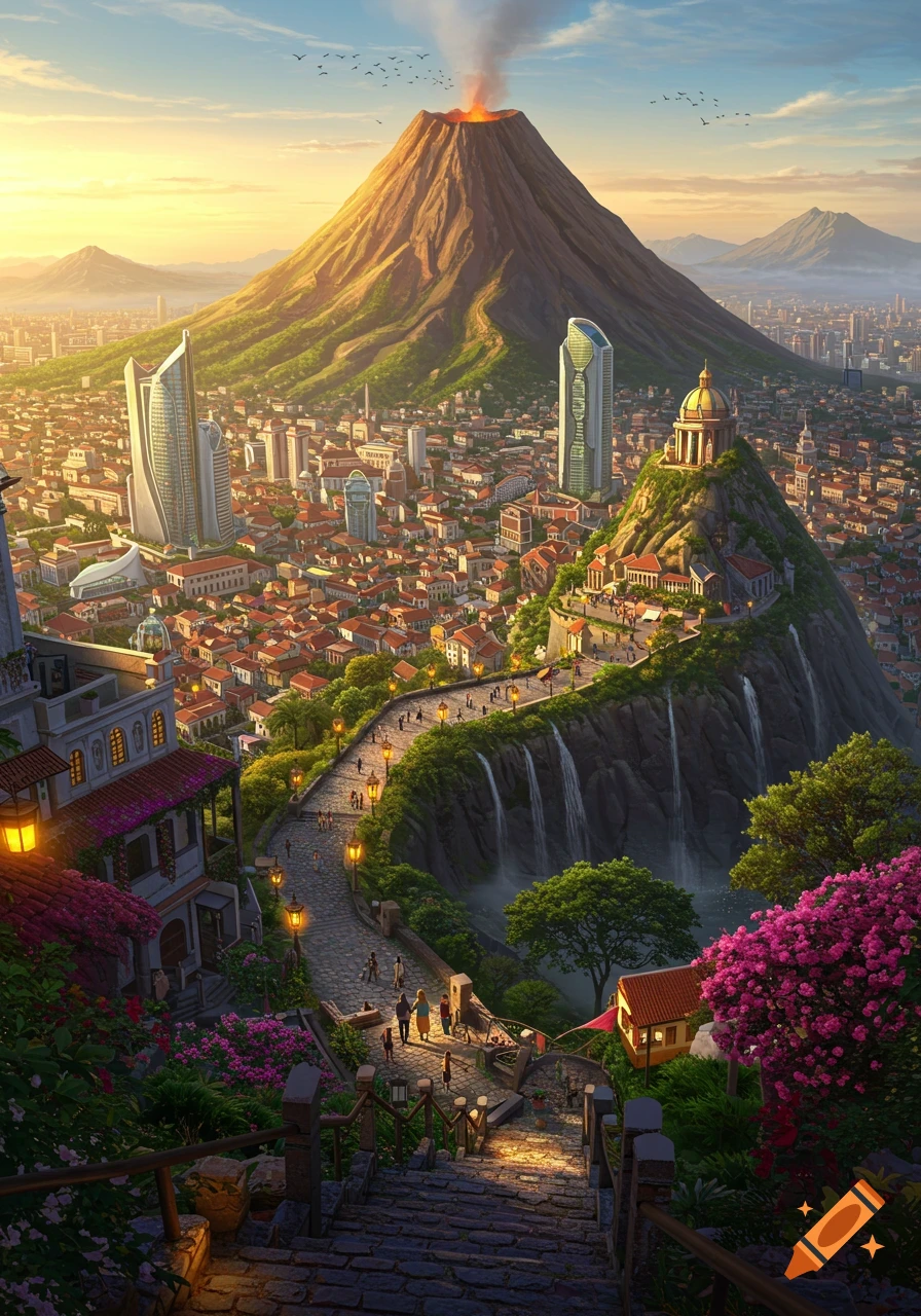 Detailed fantasy cityscape built on lush green mountains around an erupting volcano at sunset, with winding paths, waterfalls, and modern buildings.