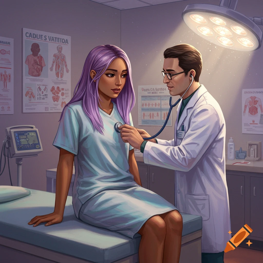 An illustration of a doctor listening to a patient's heart with a stethoscope in an examination room.