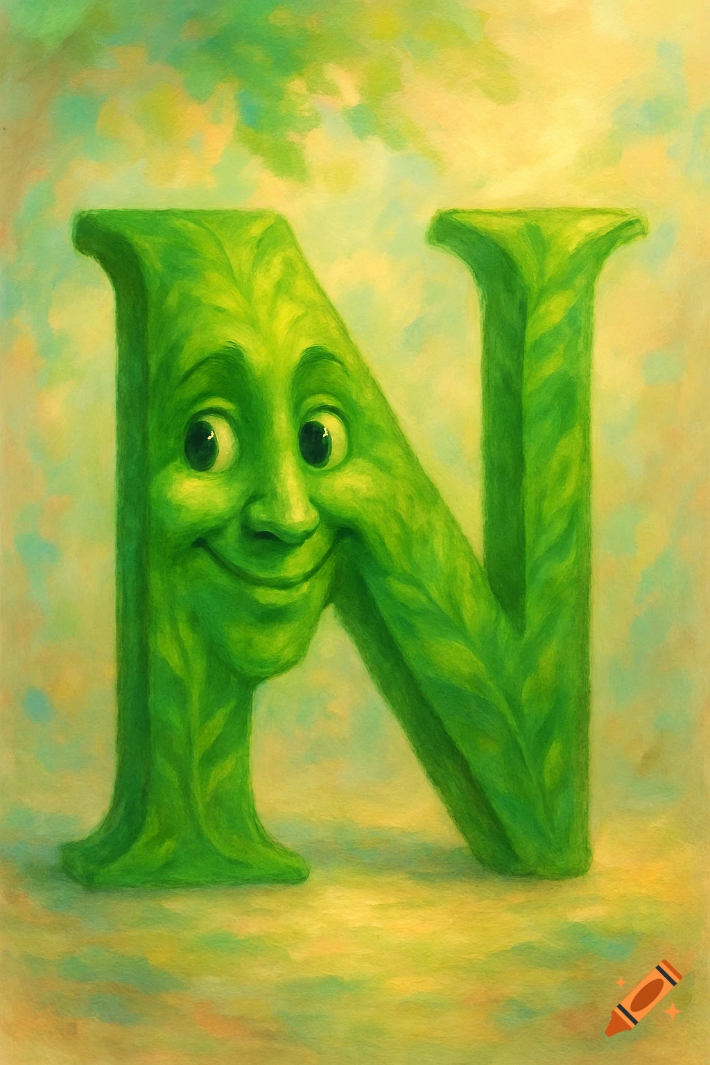 A green, leafy letter N with a friendly, smiling face, rendered in a painterly style.