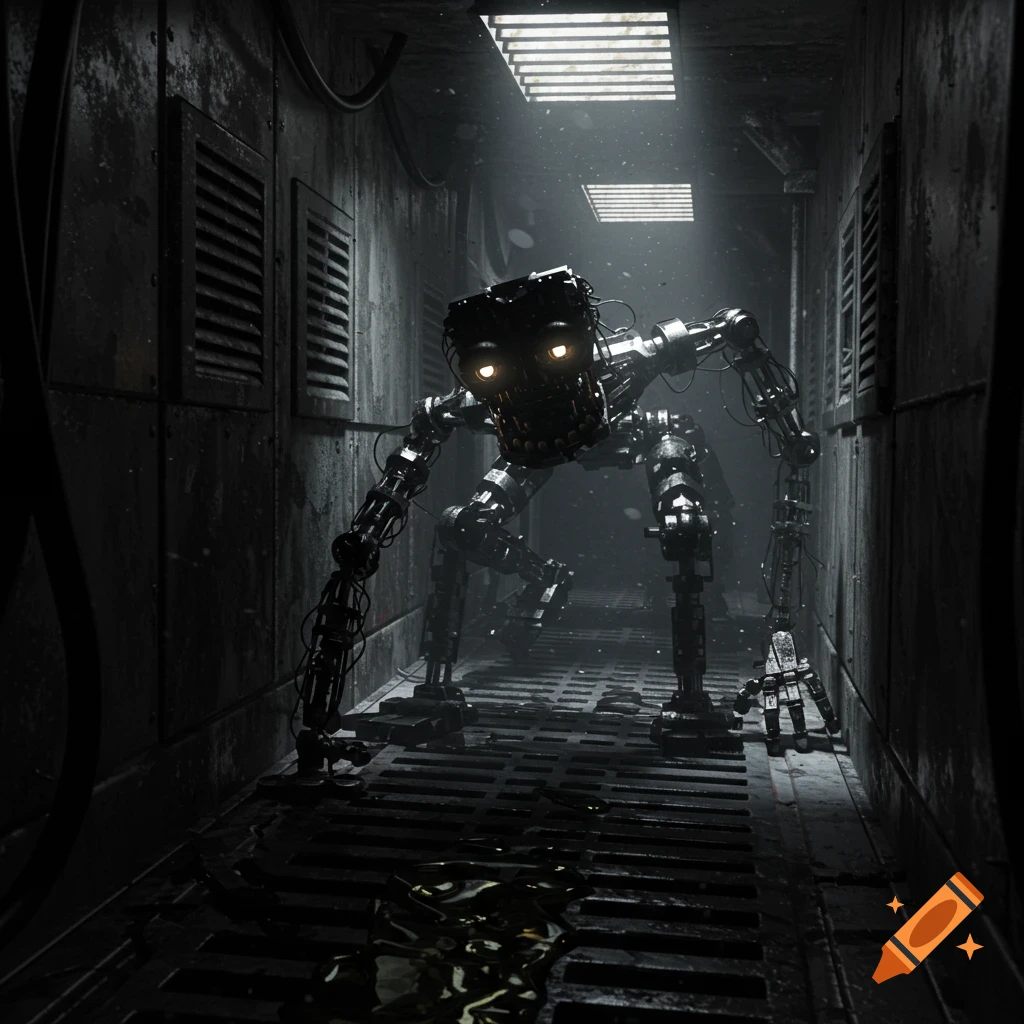 A menacing FNaF-style animatronic exoskeleton with glowing eyes crouches in a dark, grimy industrial vent.