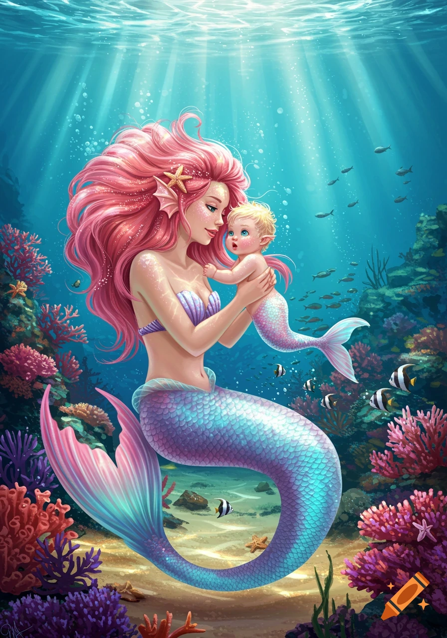 A vibrant illustration of a pink-haired mother mermaid holding her baby mermaid in a colorful coral reef, sunlight streaming from above.