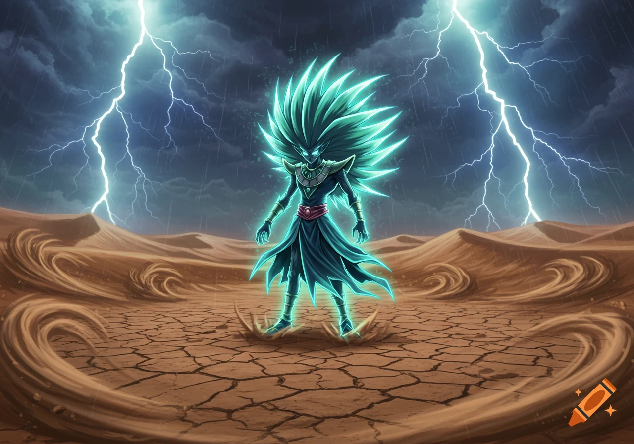 A powerful anime-style character with glowing blue-green spiky hair stands in a cracked desert under a stormy sky with lightning.