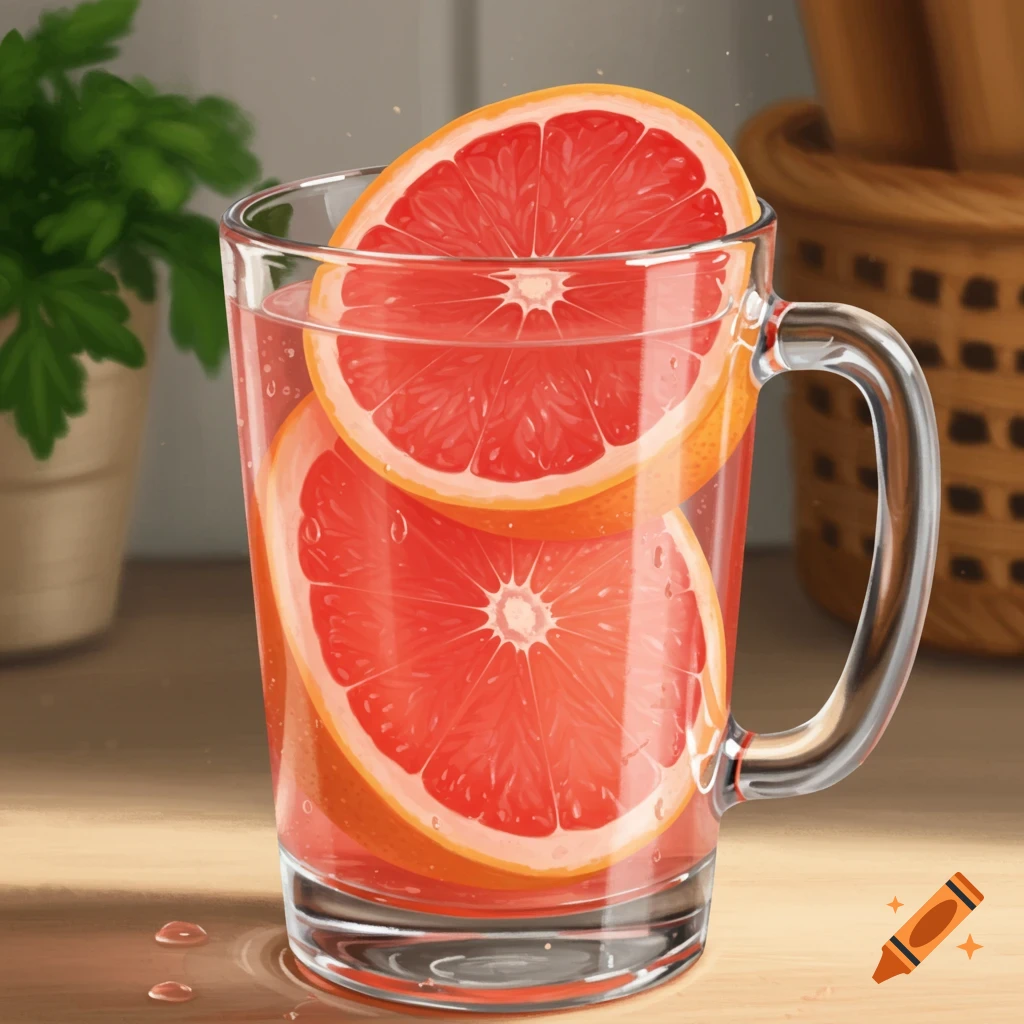 A clear glass mug filled with water and several slices of pink grapefruit, with water droplets on a wooden surface.