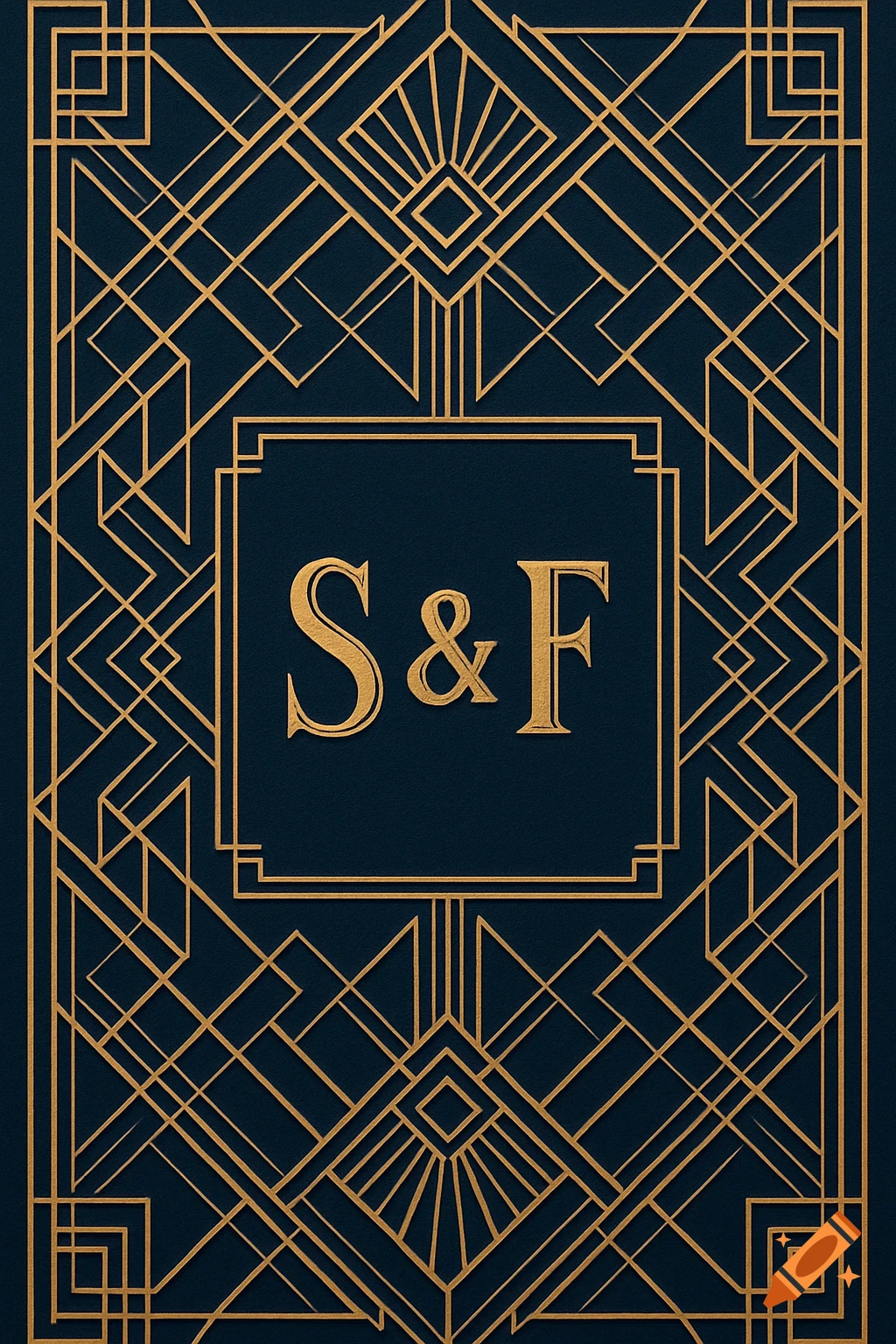 Art Deco geometric pattern with gold lines on a navy blue background, featuring 'S & F' in the center frame.