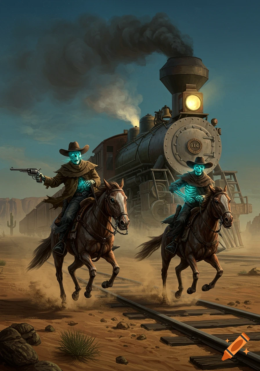 Two glowing skeleton cowboys ride horses, chasing a steam train across a dusty desert at twilight in a fantasy illustration.