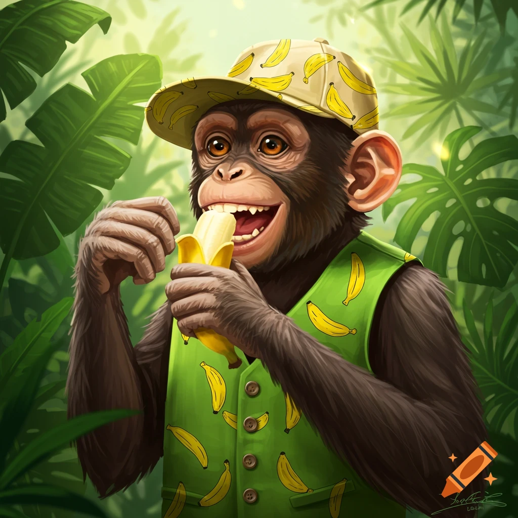 A happy cartoon chimpanzee in a banana-patterned hat and vest peels and eats a banana in a jungle.