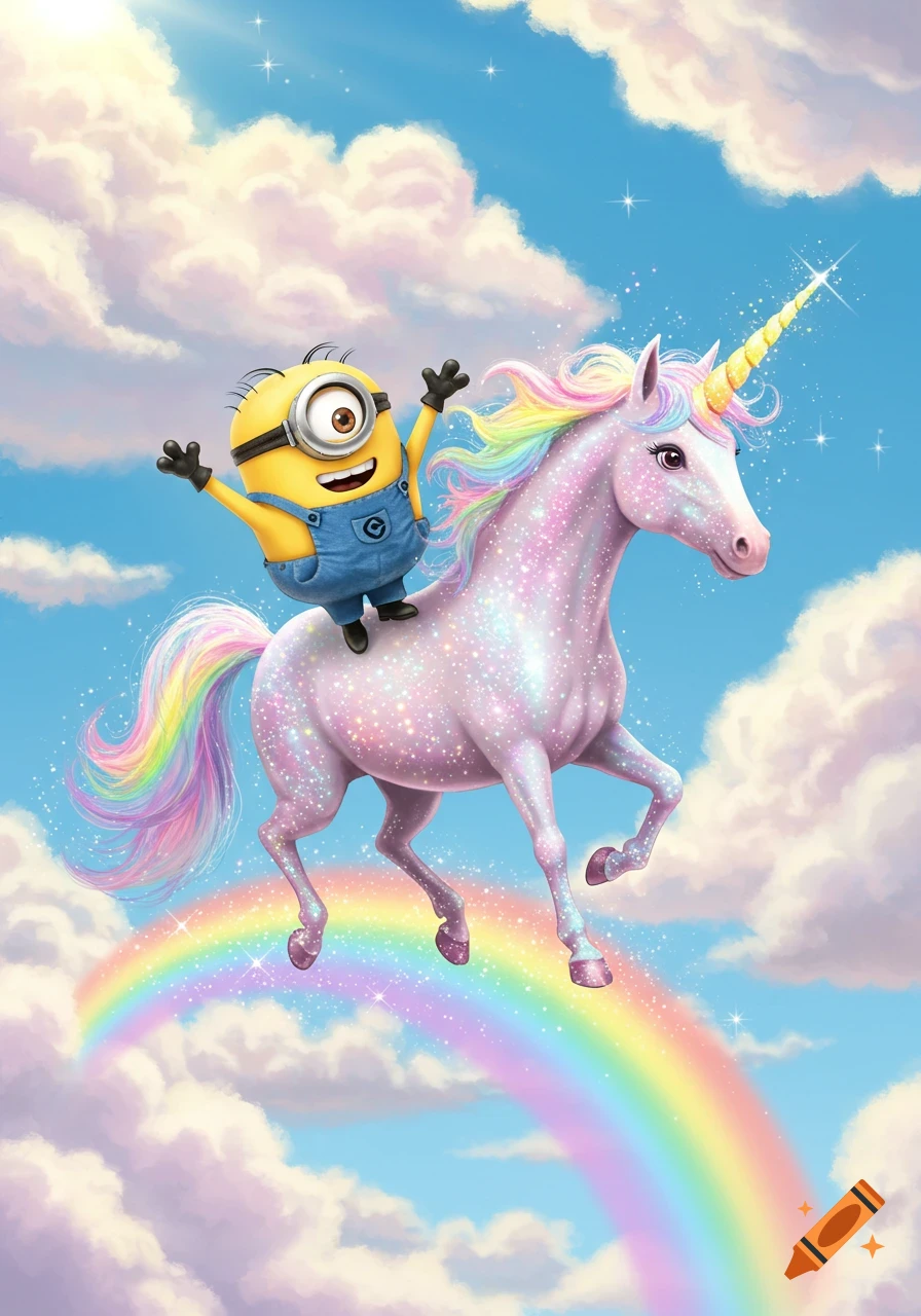 Cheerful yellow Minion rides a sparkly, colorful unicorn over a bright rainbow in a blue sky with fluffy clouds. Cartoon illustration.