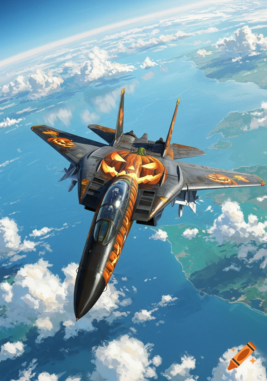 Illustrated F-14 fighter jet painted with ghoulish pumpkin faces flying high above the Earth with clouds and land below.