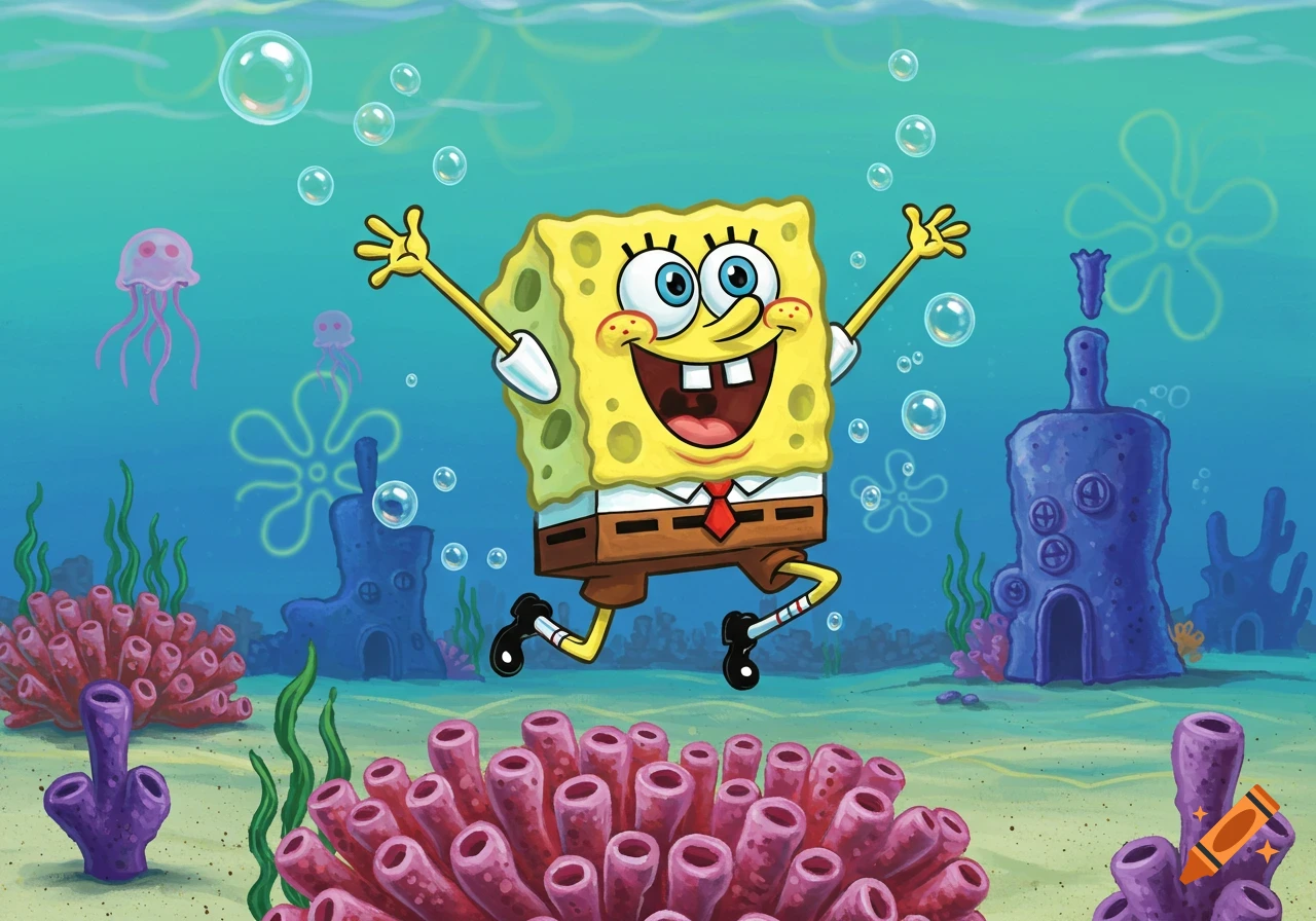 Spongebob Squarepants happily jumps underwater with bubbles, jellyfish, and colorful coral in a cartoon style.