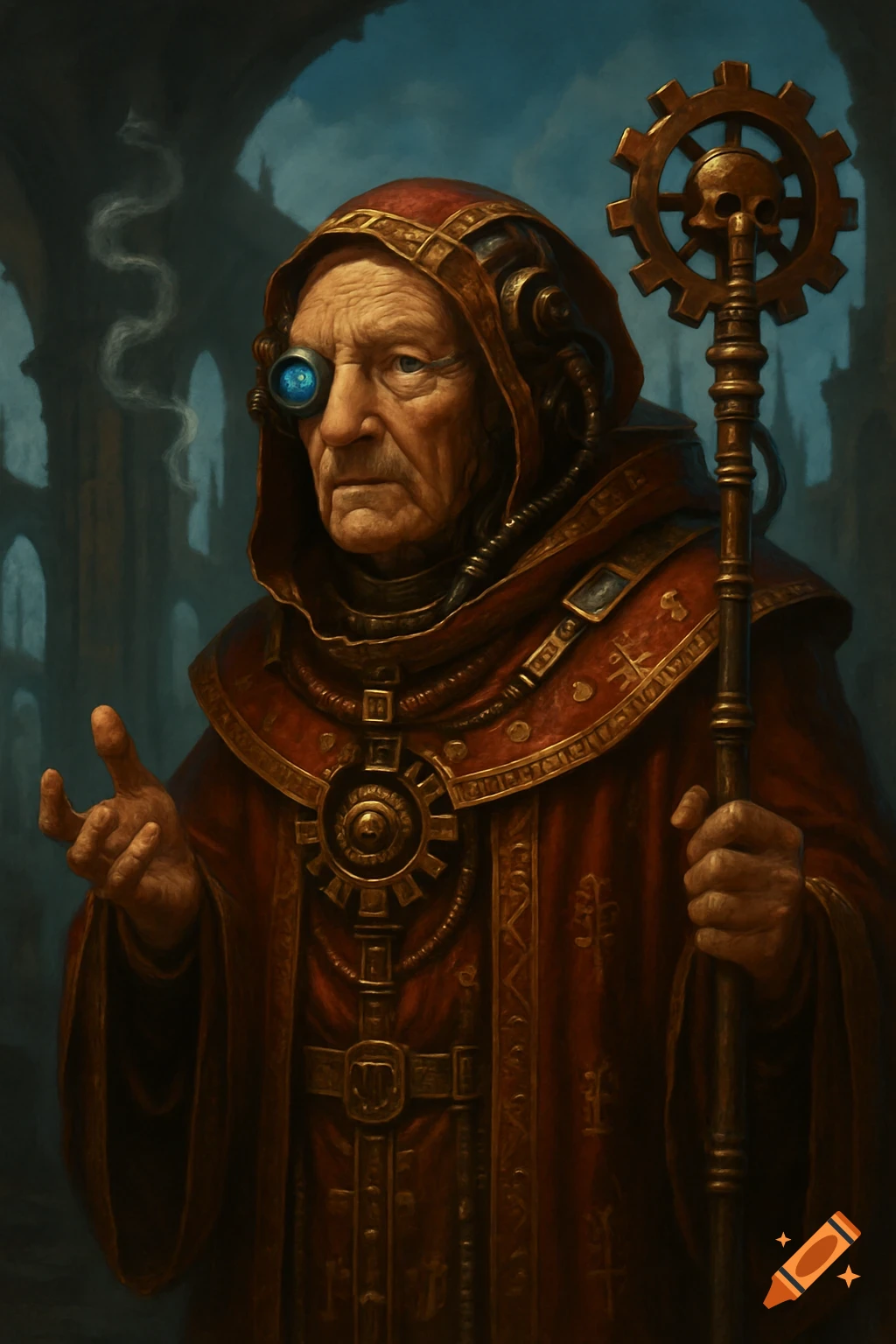 A solemn old man in a red hooded robe with a cybernetic eye and a gear-skull staff, in a dark, painterly style.