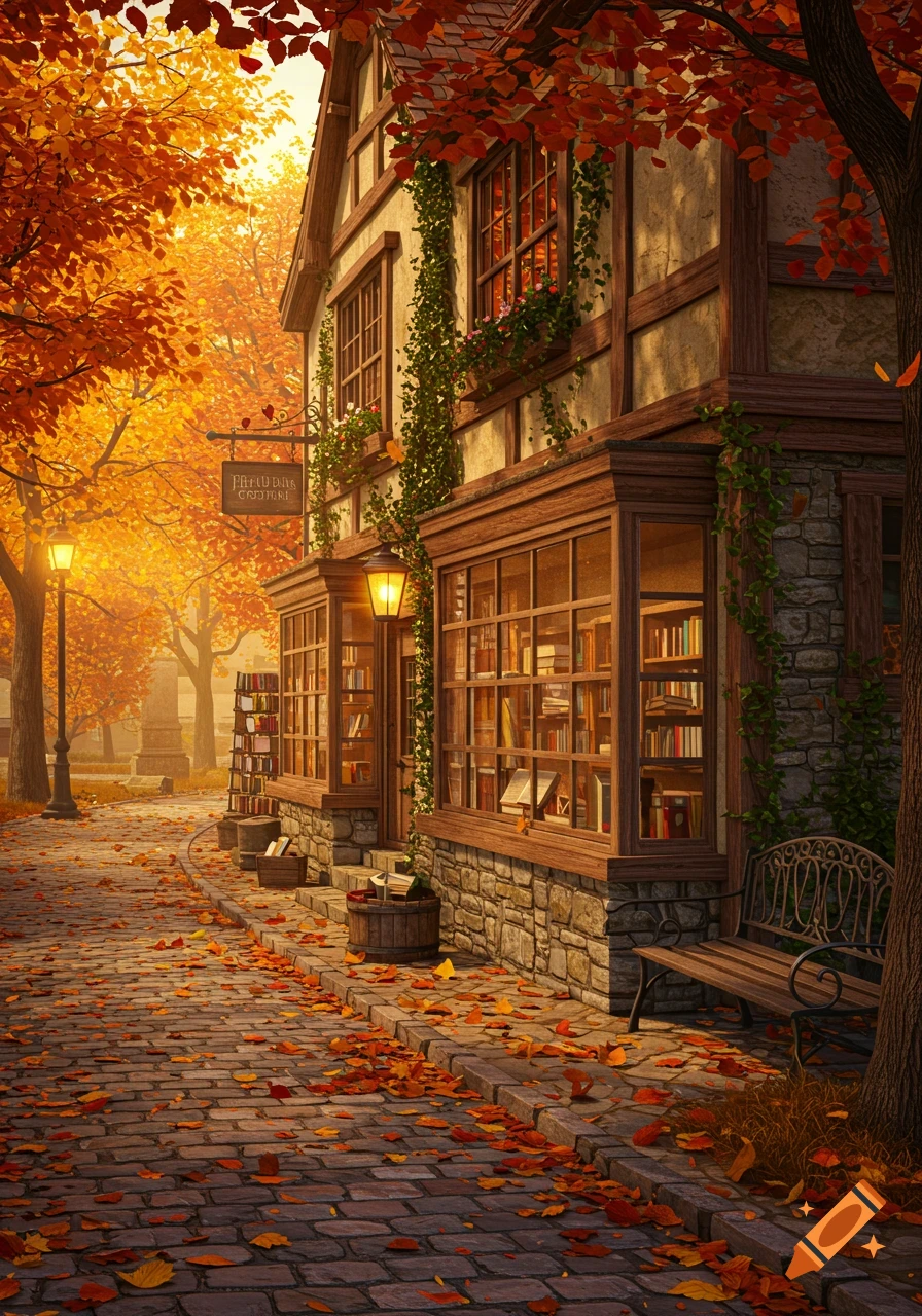 A charming old-fashioned bookstore on a cobblestone street in autumn, surrounded by vibrant orange and red leaves.