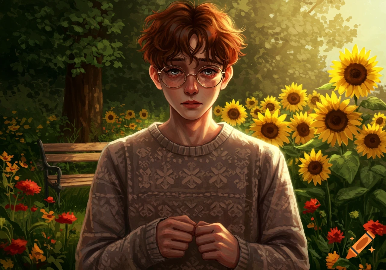 A shy, red-haired person in glasses, wearing a patterned sweater, stands among vibrant sunflowers in a sunny field.