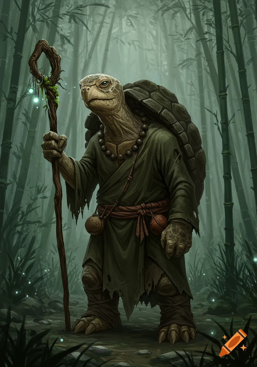 An old humanoid turtle in green robes holds a staff in a misty bamboo forest, fantasy digital art.