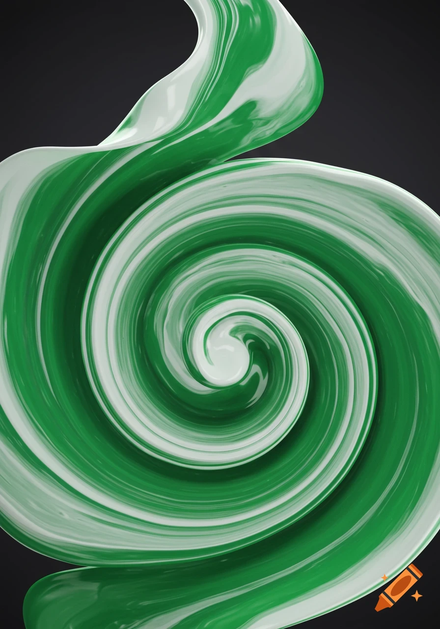 A dynamic swirl of glossy green and white paint on a dark background.