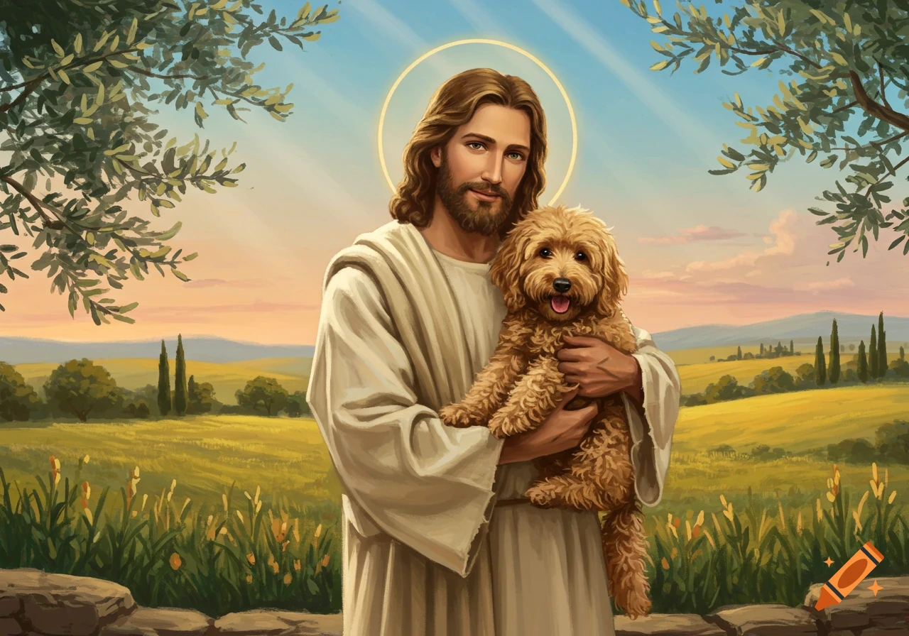 Jesus with a halo, holding a fluffy golden doodle in a serene, painterly countryside landscape at sunset.