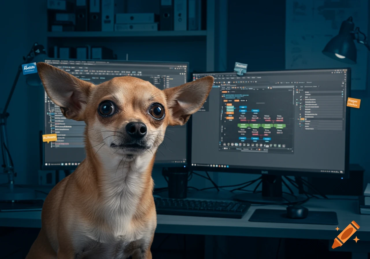 A chihuahua sits in front of two computer monitors displaying complex diagrams, with floating text labels, in a meme style.