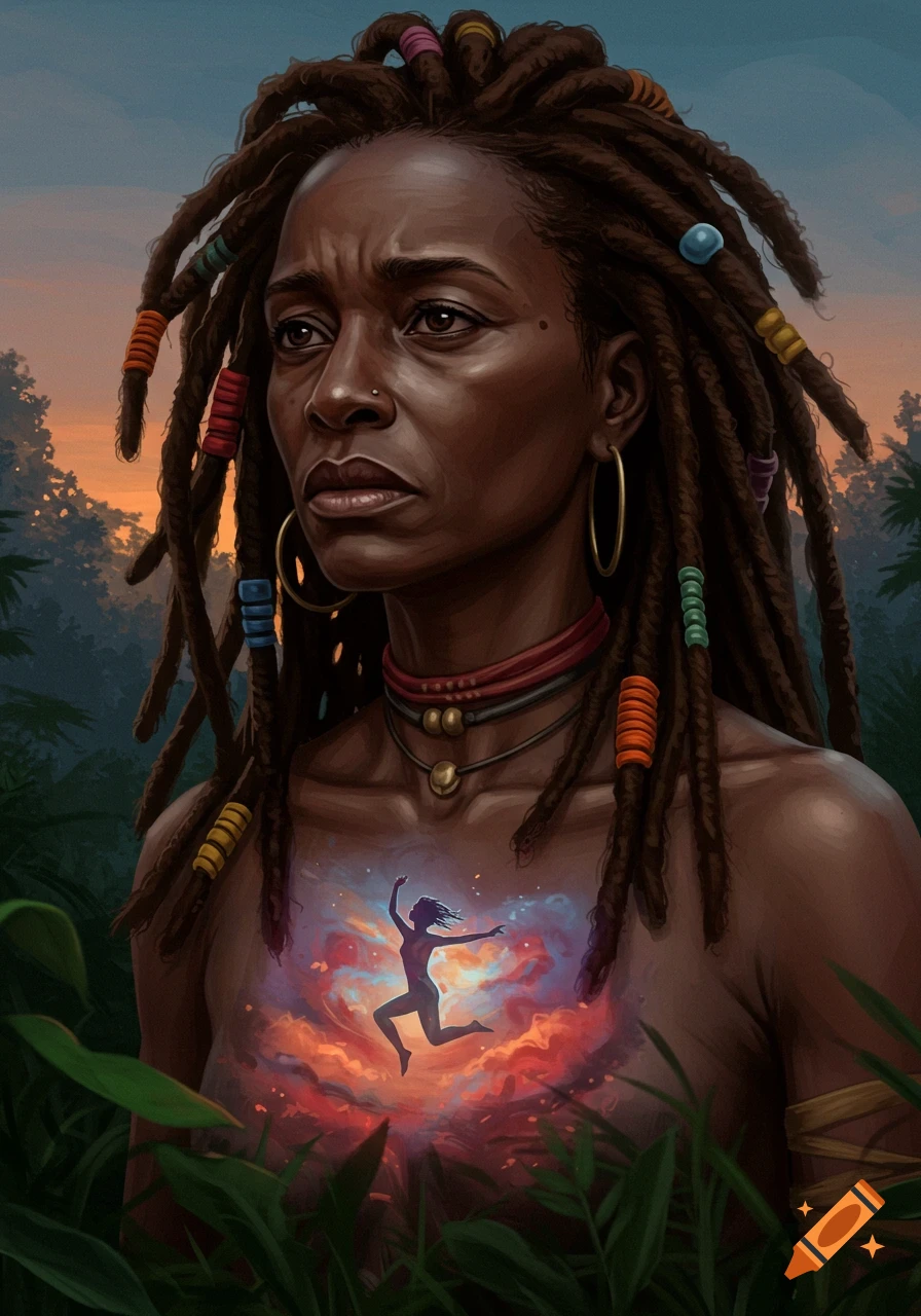 A digital painting of a pensive woman with dreadlocks, beads, and a glowing nebula with a jumping figure in her chest, set in a jungle at sunset.