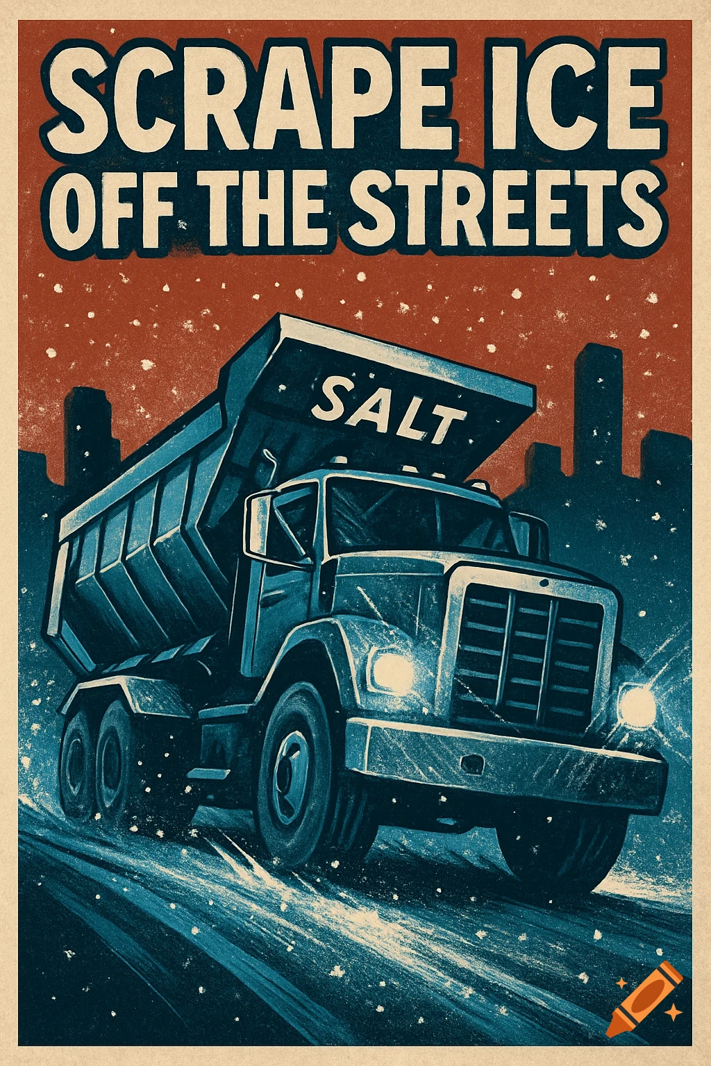 A retro protest poster depicting a salt truck clearing ice from city streets under a snowy red sky. Text reads 'SCRAPE ICE OFF THE STREETS'.