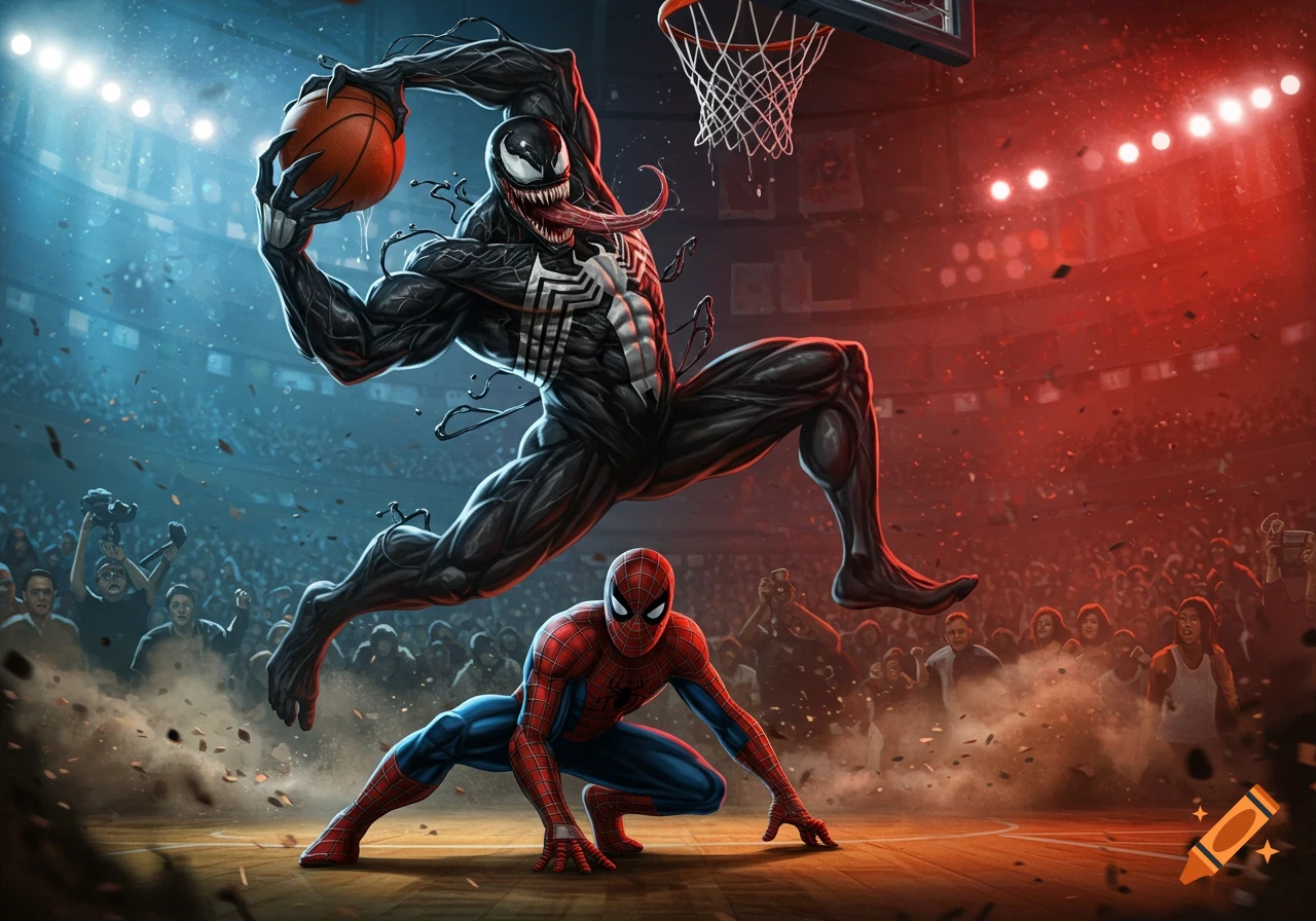 Venom slam dunks a basketball over a crouching Spider-Man on a court in a crowded stadium, dynamic comic art.