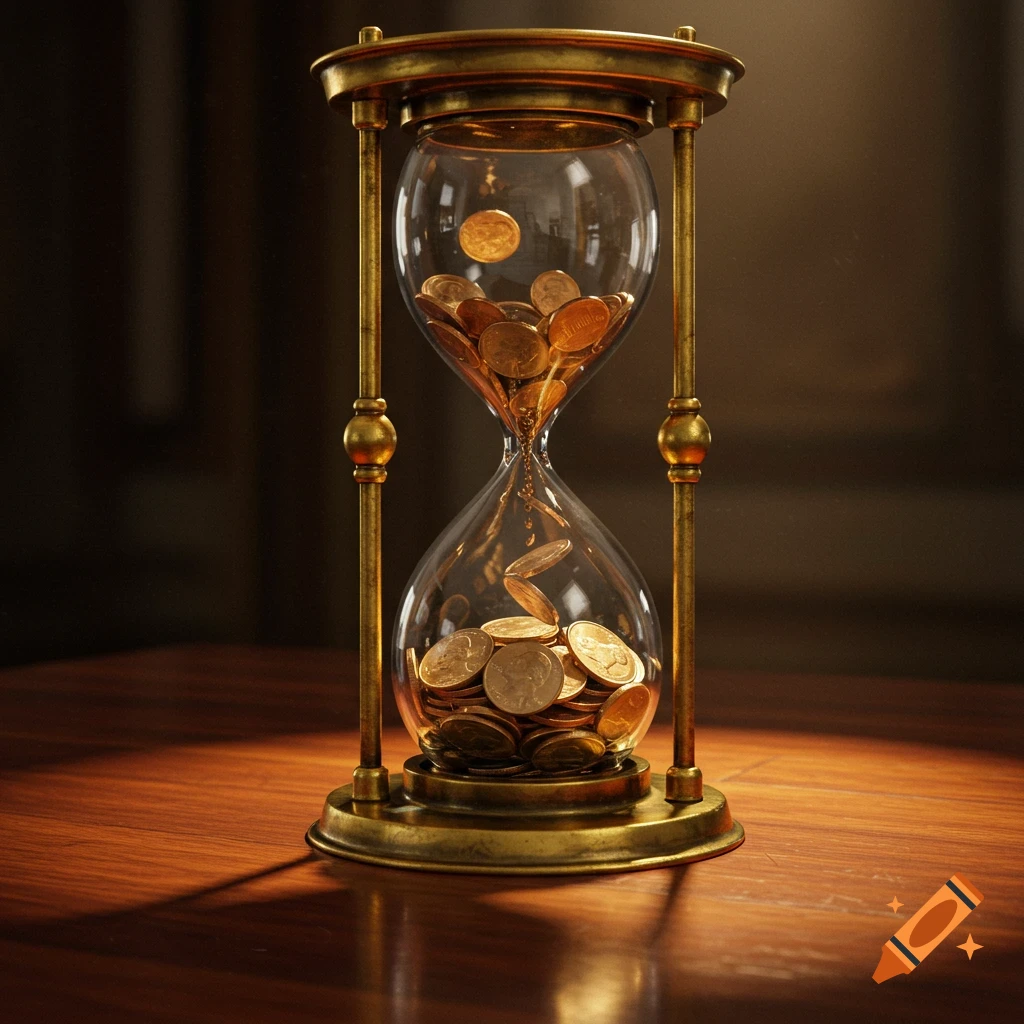 Photorealistic image of a vintage brass hourglass with golden coins flowing through it, on a wooden table.