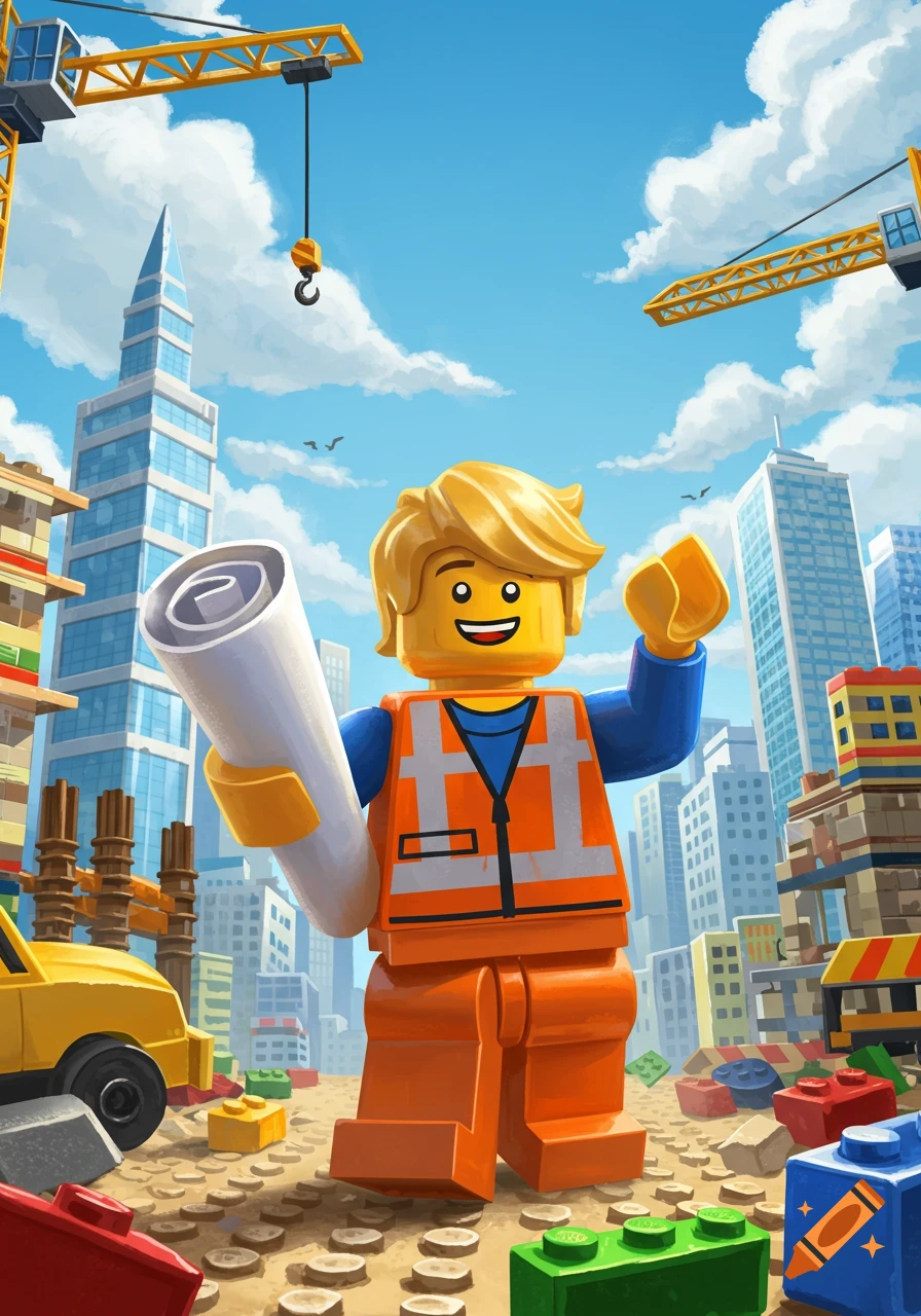 A happy Lego construction worker with blonde hair and a safety vest holds a blueprint in a bustling city construction site.