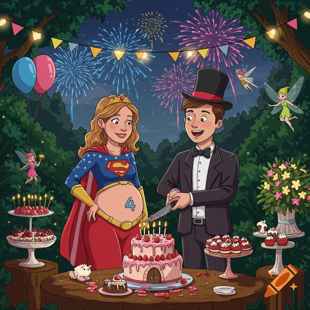 Cartoon of a pregnant woman in a Supergirl costume and a man cutting a cake at a festive outdoor party with fairies and fireworks.