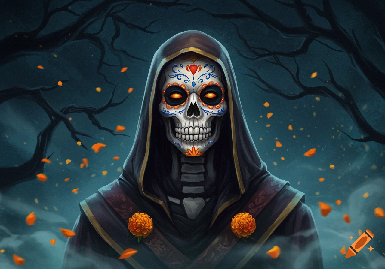 A hooded figure with a vibrant sugar skull face and glowing eyes, adorned with marigolds, in a dark, atmospheric setting.
