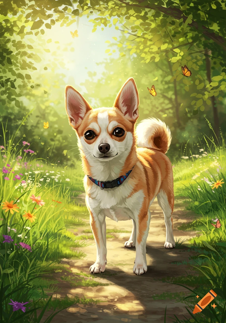 A cute chihuahua-like dog stands on a sunny forest path with colorful flowers and butterflies, in an illustrated style.