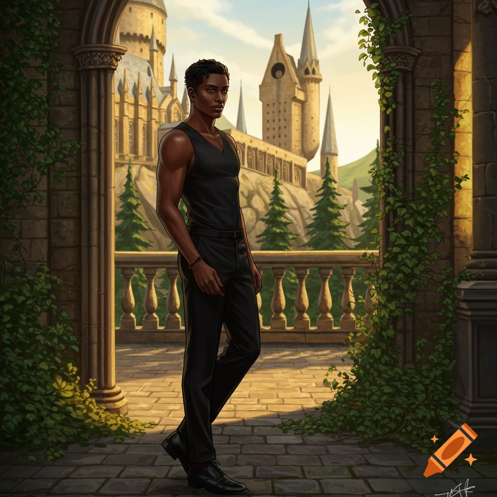 A young Black man in a black tank top and black pants stands on a stone balcony overlooking Hogwarts castle at sunset.