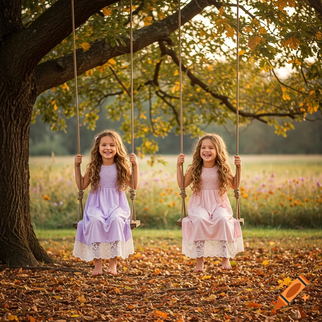 Two smiling young girls with long curly hair sit on swings under a large tree in a field covered with autumn leaves. Photorealistic.