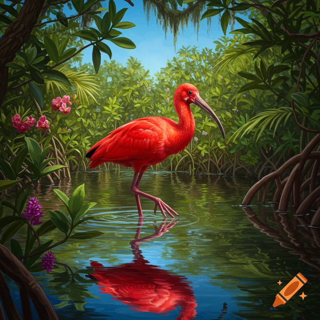 A vibrant red scarlet ibis stands in shallow green water amidst lush tropical mangroves, with its reflection visible.