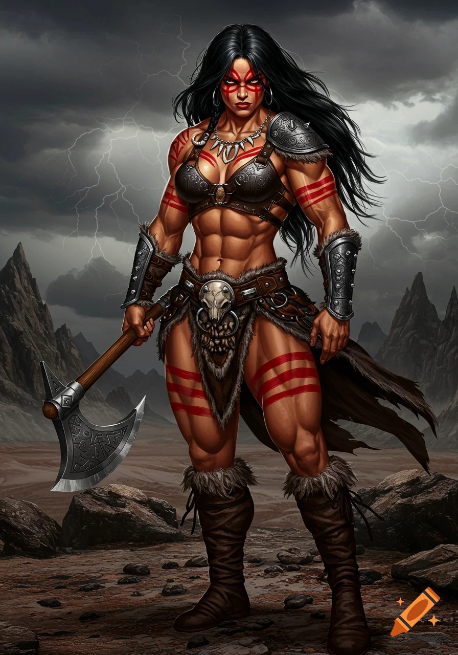 Muscular female barbarian with black hair, red war paint, fur armor, and axe stands in a rocky, stormy landscape. Digital painting.