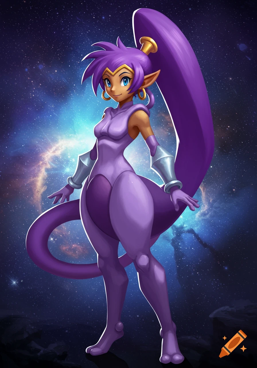 Anime character Shantae in a purple Mewtwo costume stands against a starry cosmic background.