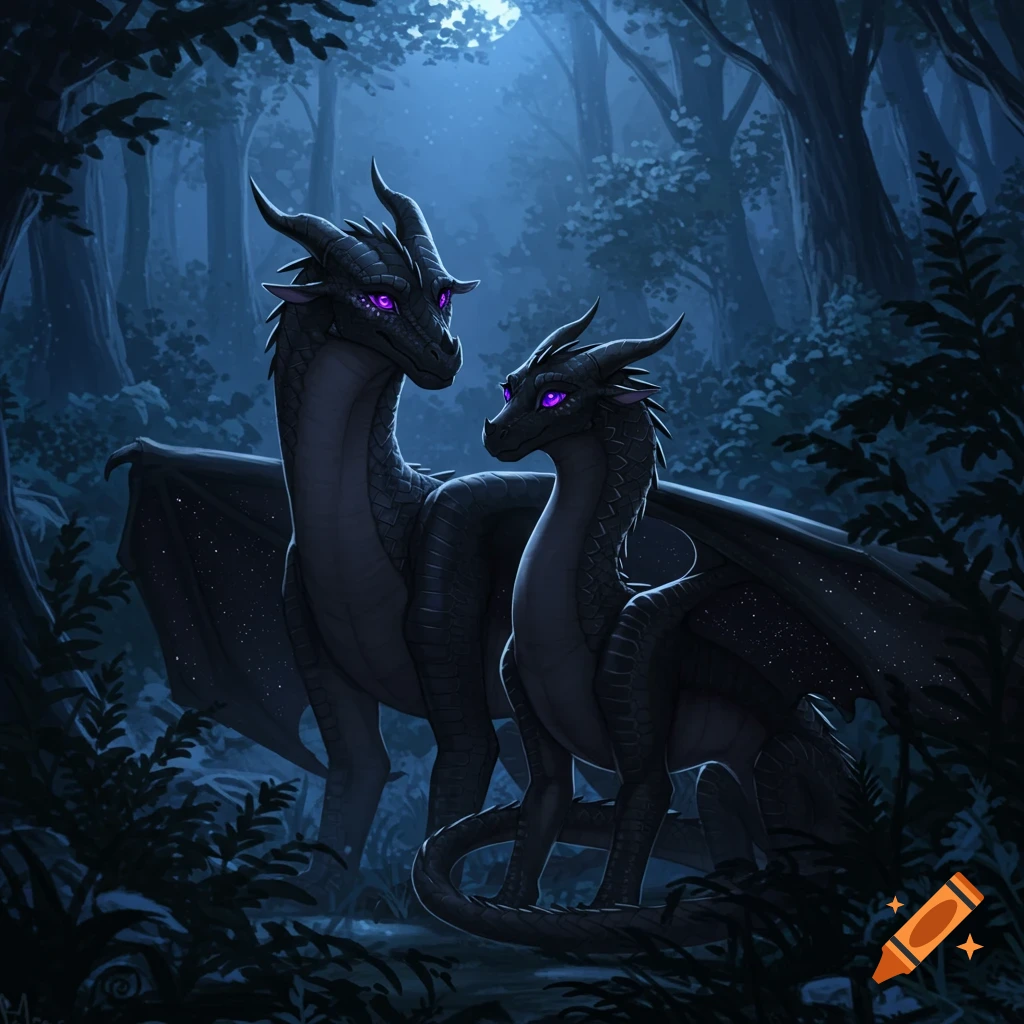 Two black dragons with glowing purple eyes stand in a dark, moonlit forest, looking at each other. Digital art.