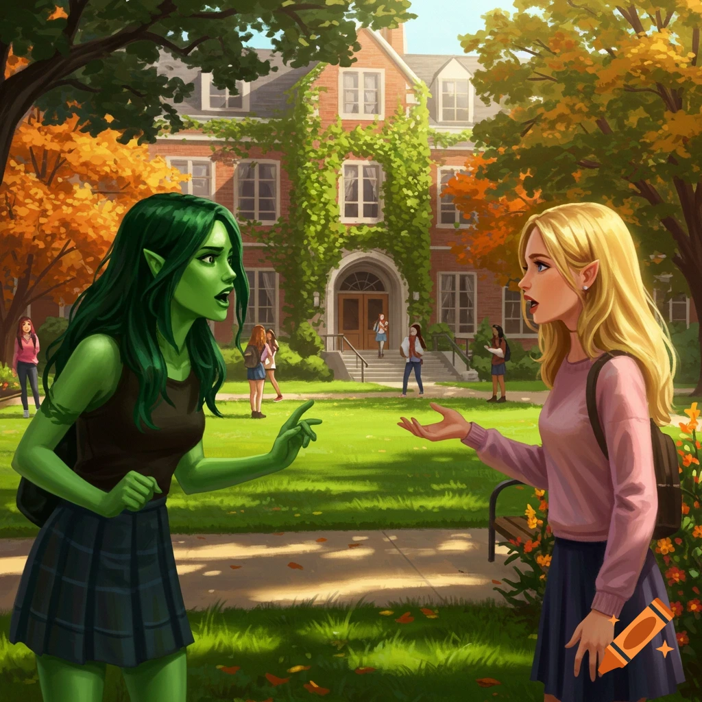 Illustrated scene of a green-skinned girl and a blonde girl arguing on a college campus in autumn.