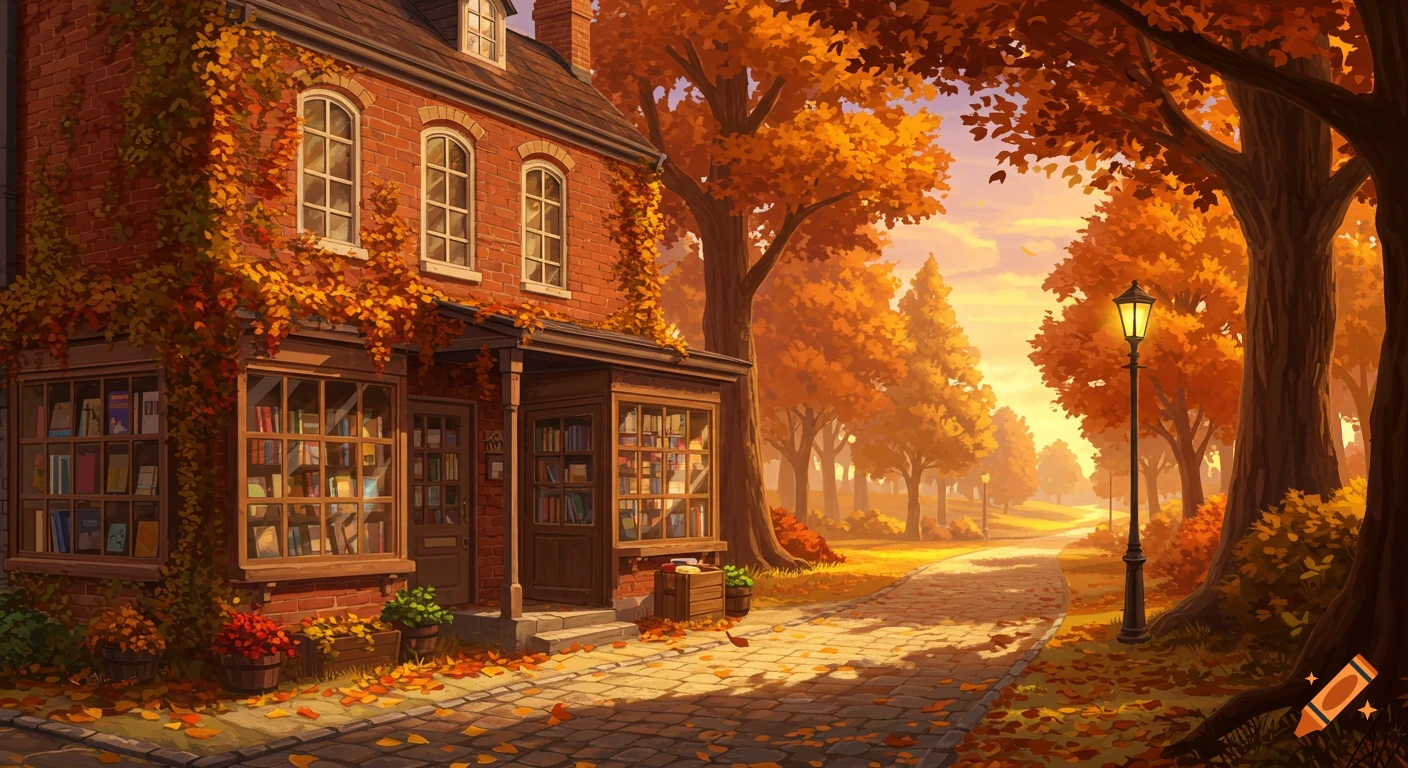 A stylized autumn landscape featuring a brick bookstore with ivy, golden trees, and a lamppost beside a cobblestone path at sunset.