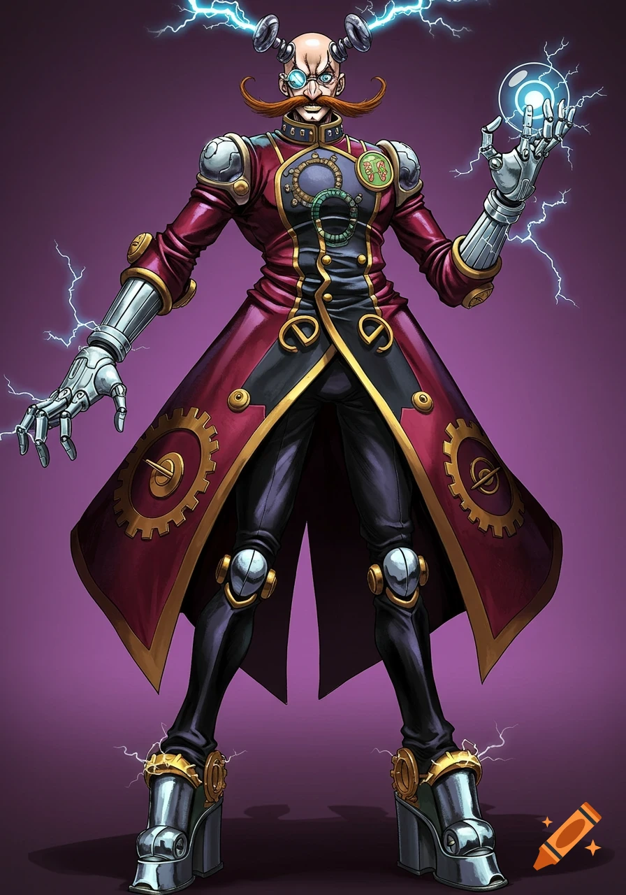 A stylized, bald, steampunk-style villain with a large mustache and cybernetic limbs, holding a glowing blue orb.