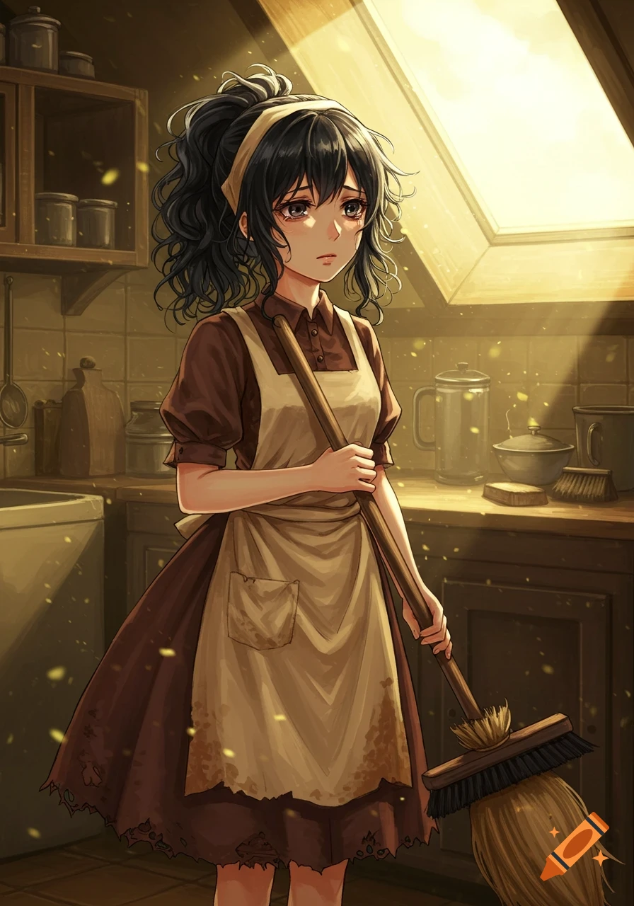 A sad anime girl with messy black hair in a ponytail, wearing a ragged brown dress and beige apron, holding a broom in a sunlit room.