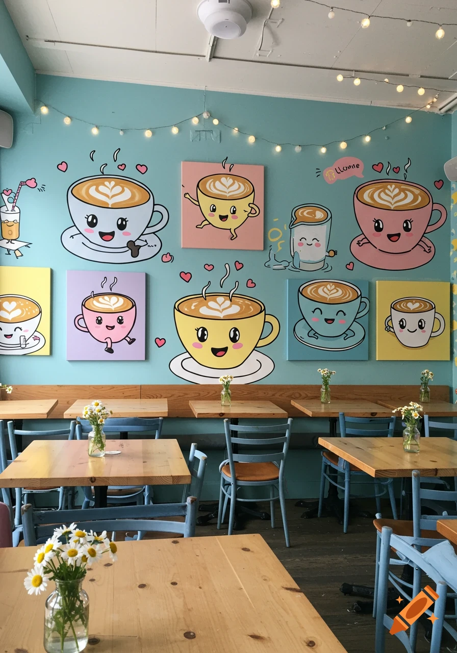 Cozy cafe with light blue walls featuring cartoon latte art and coffee cup illustrations, string lights, wooden tables, and blue chairs.