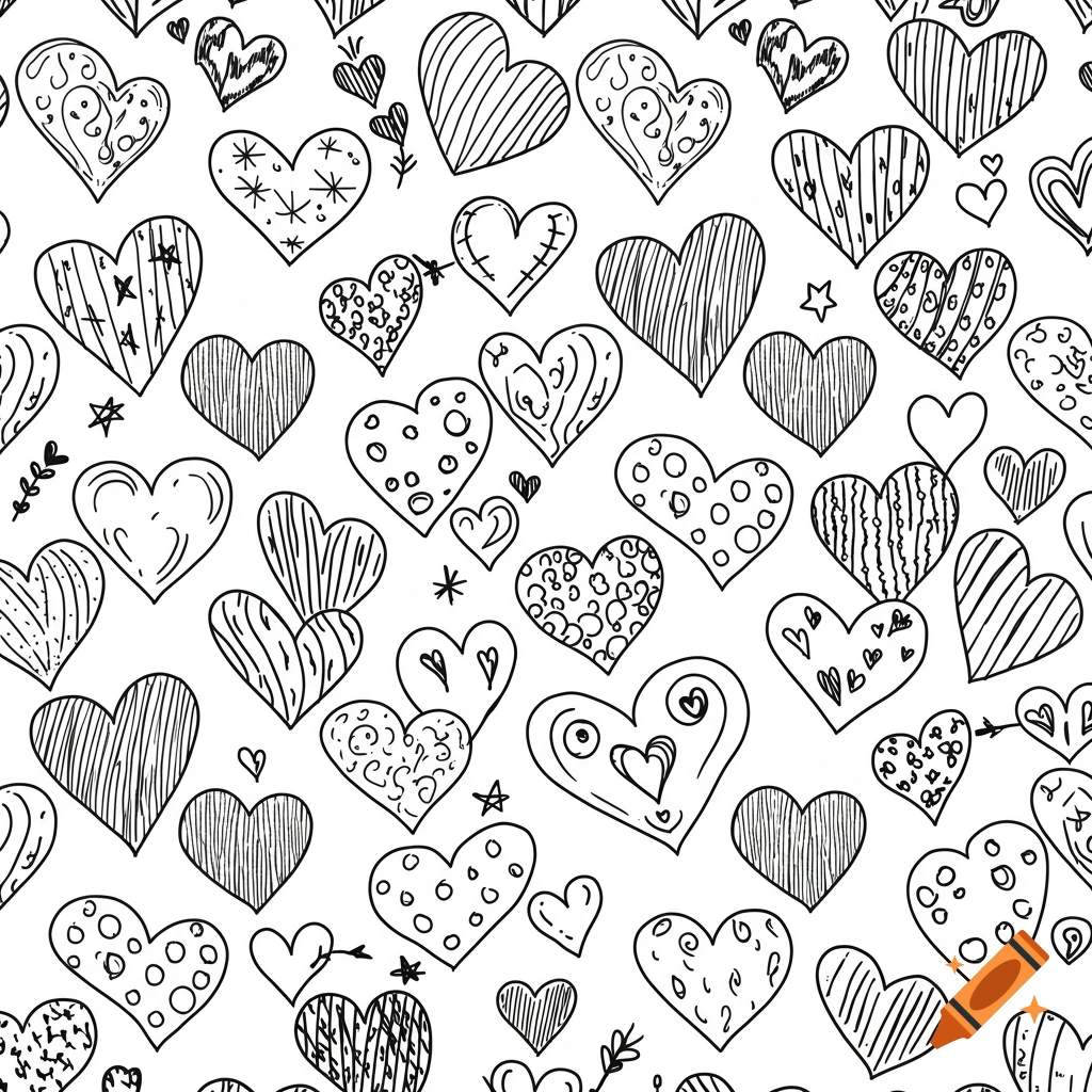 A seamless pattern of black outline doodle hearts with various internal designs on a white background.