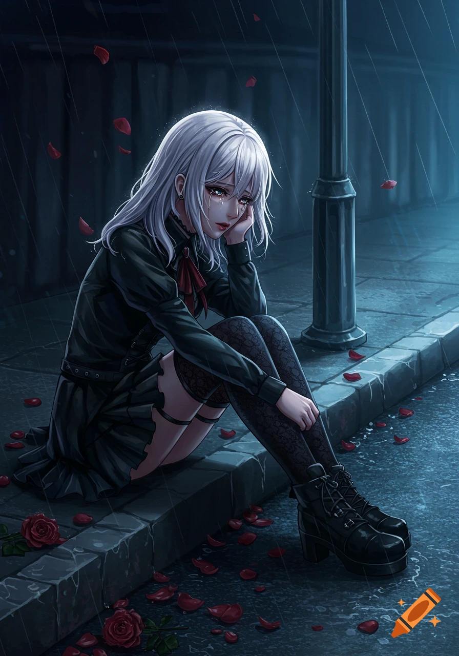 A sad anime girl with long white hair sits crying on a rainy city street at night, surrounded by red rose petals.