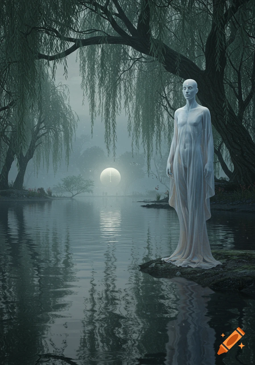 A pale, ethereal figure in translucent robes stands on rocks by a misty lake surrounded by weeping willow trees, with a glowing orb in the distance.