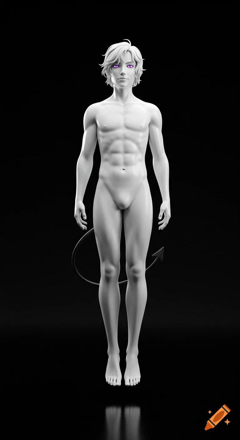 Anime man with white plastic skin, purple eyes, and a black demon tail floats against a dark background in a simple style.